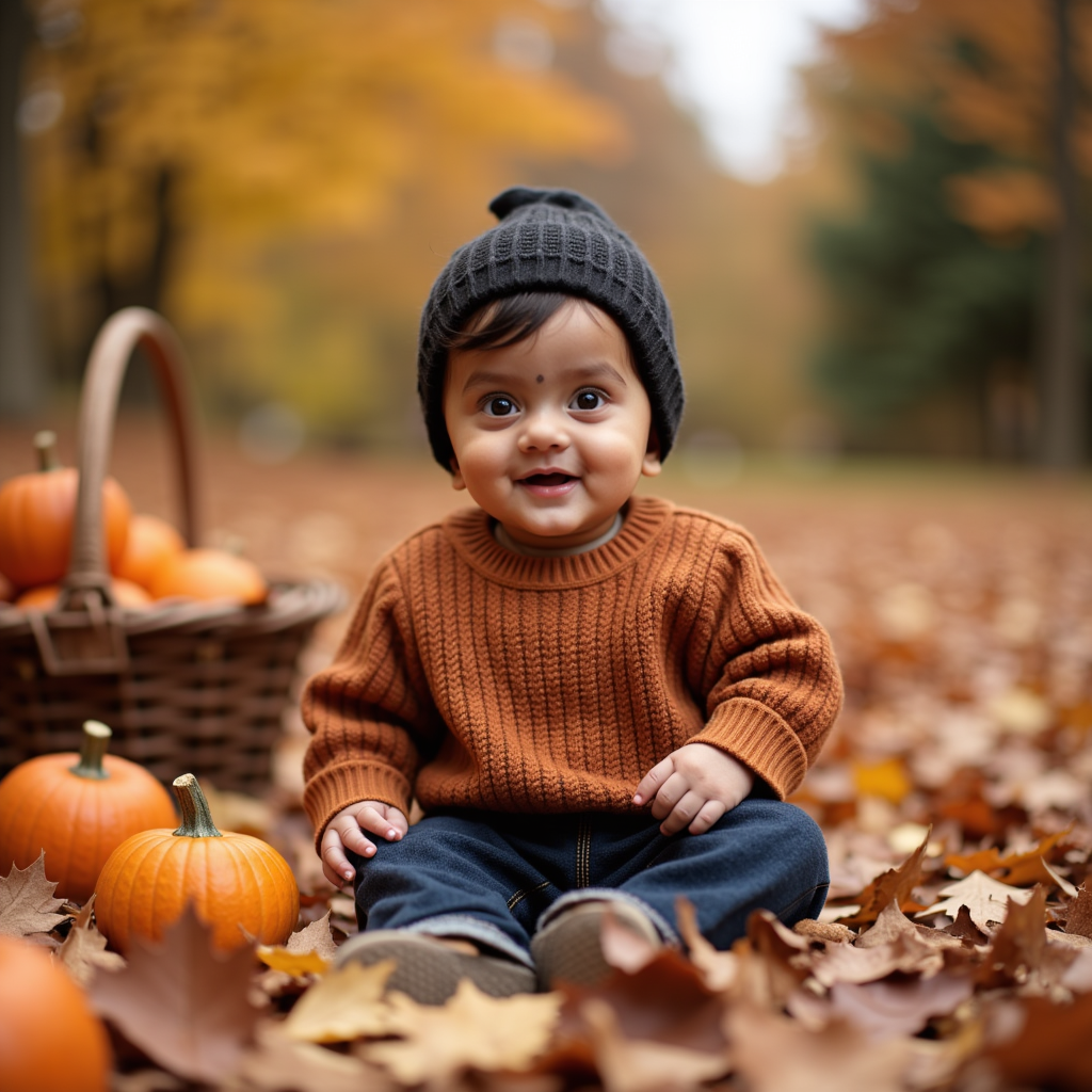 AI generated baby portrait - 8 Months — Autumn Leaves theme
