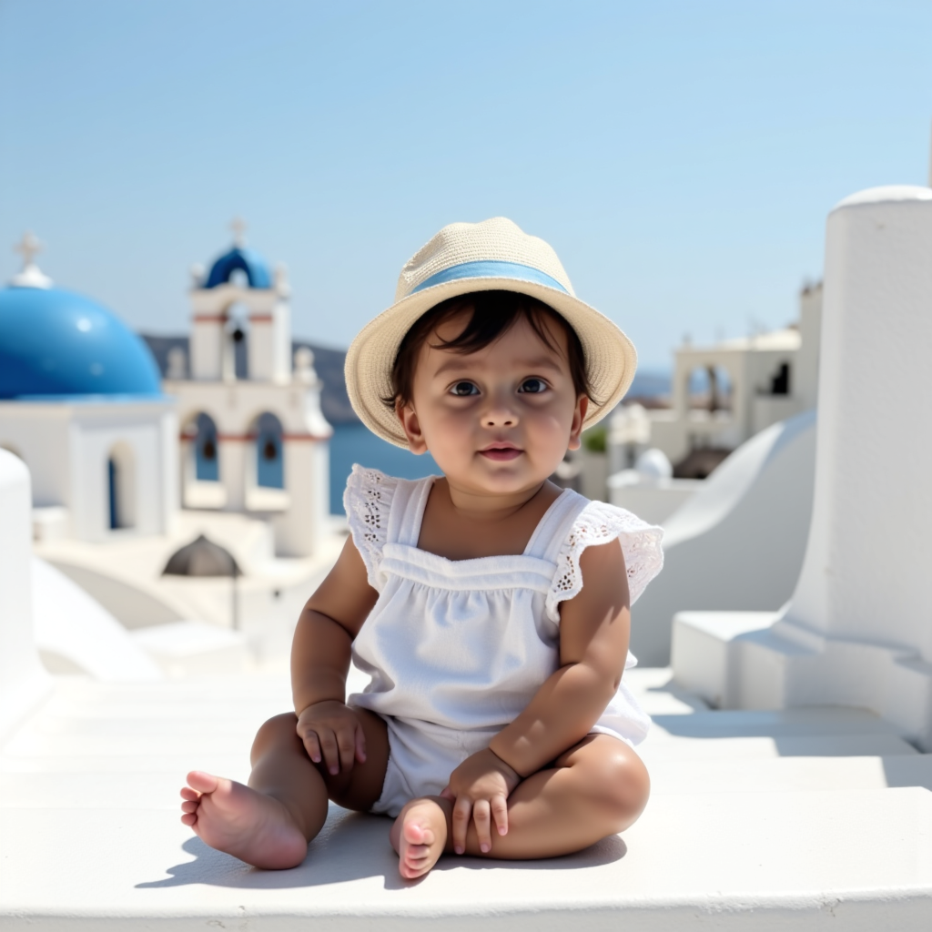 AI generated baby portrait - Santorini theme